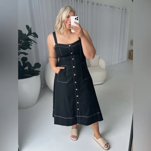 NWOT Denim Dress Sleeveless Adjustable Straps A Line Maxi Dress with Pockets - Picture 8 of 15